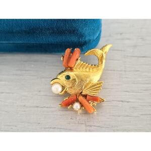 Vintage Swoboda Fish with Faux Pearls and Coral Brooch